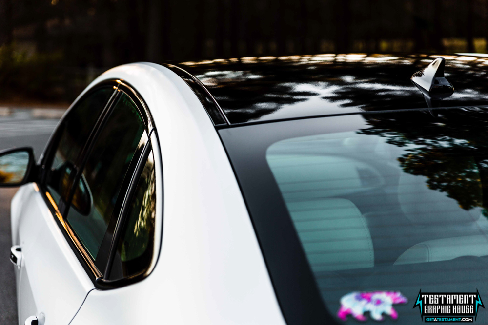 2014 Buick Verano Wrapped in 3M Satin White with a full Chrome Delete Testament Graphic House Denver NC