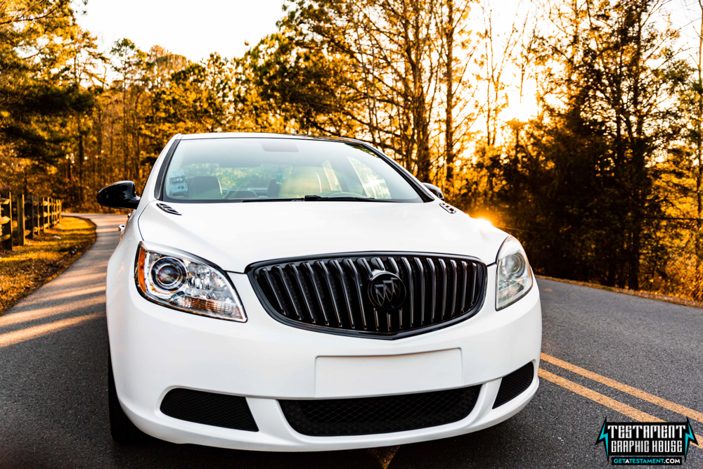 2014 Buick Verano Wrapped in 3M Satin White with a full Chrome Delete Testament Graphic House Denver NC