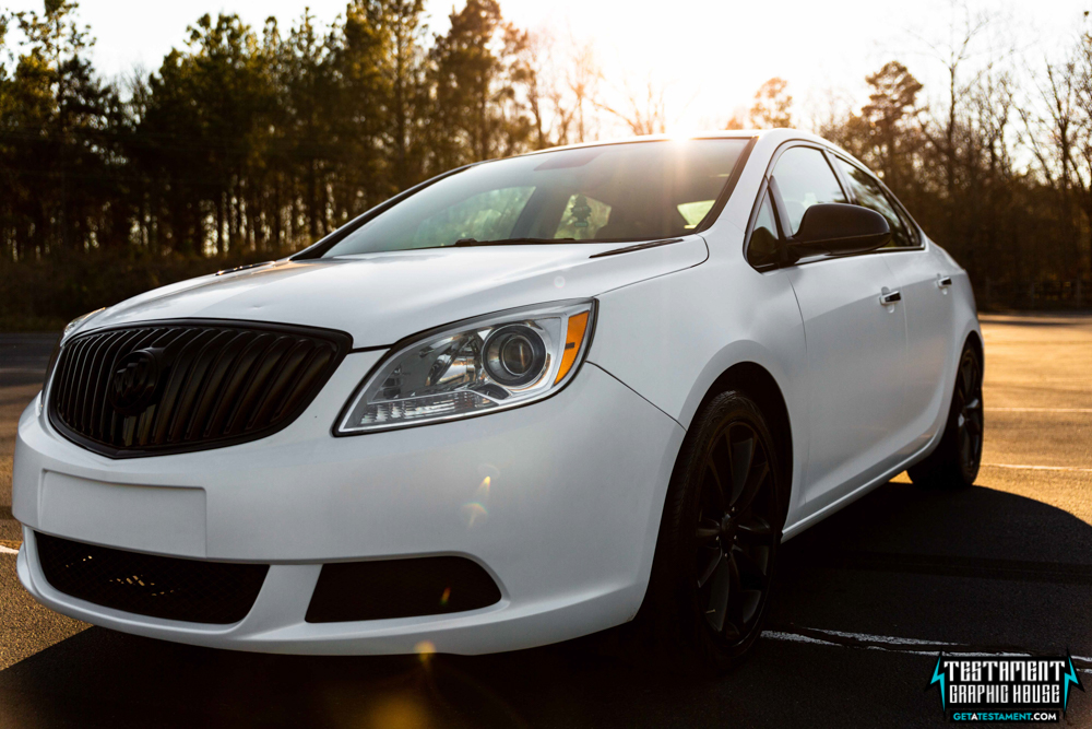 2014 Buick Verano Wrapped in 3M Satin White with a full Chrome Delete Testament Graphic House Denver NC