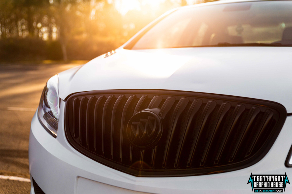 2014 Buick Verano Wrapped in 3M Satin White with a full Chrome Delete Testament Graphic House Denver NC