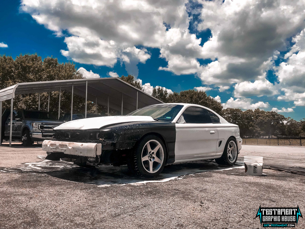 2005 Ford Mustang Wrapped in 3M Satin White - Testament Graphic House Denver NC