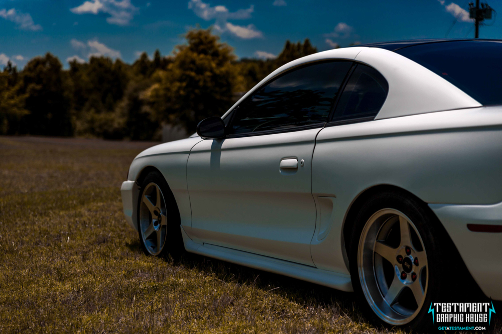 2005 Ford Mustang Wrapped in 3M Satin White - Testament Graphic House Denver NC